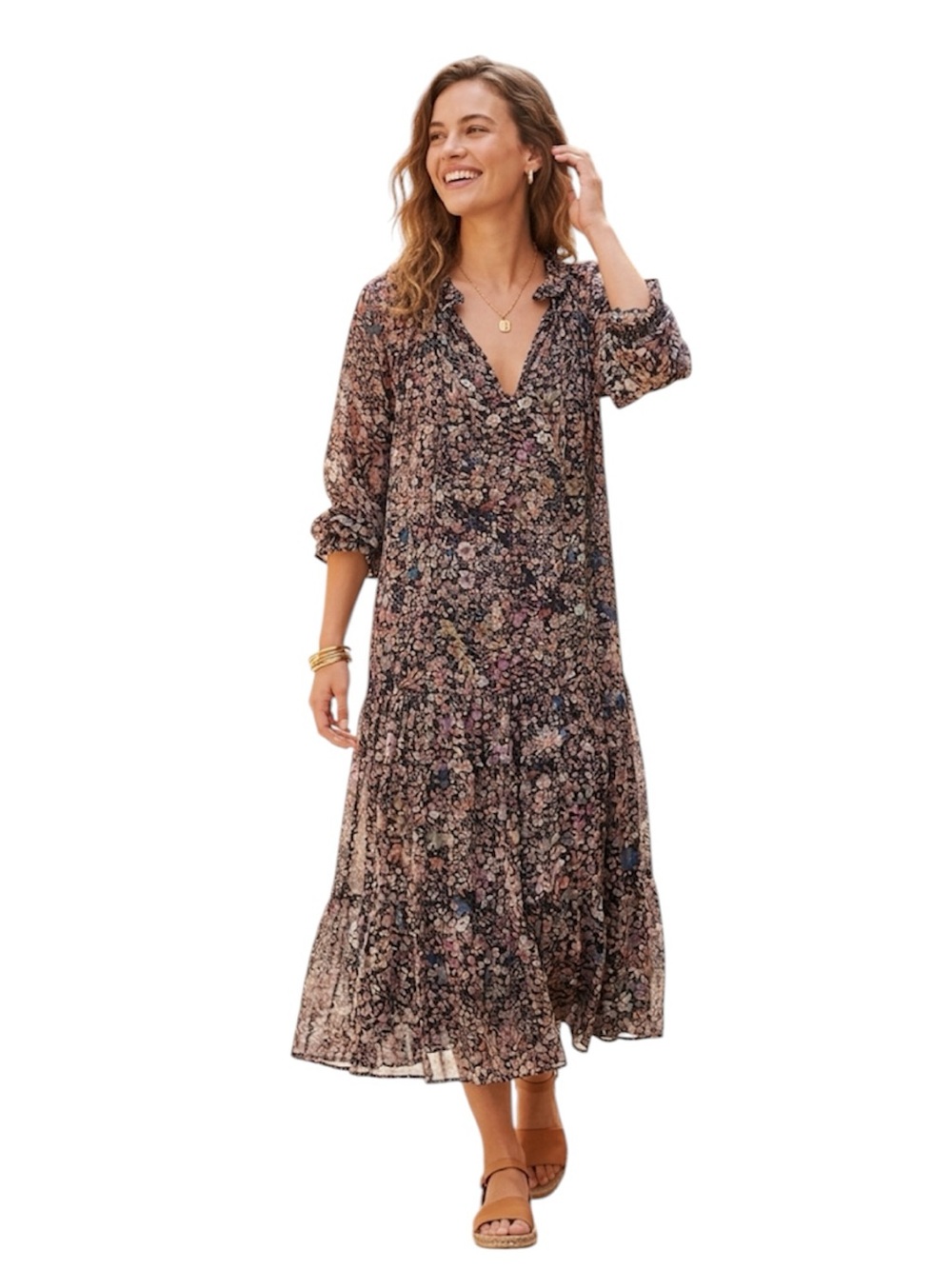 Free People Floral Long Sleeve Tiered Midi Dress - Black Multi Size: XS